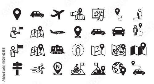 Travel and tourism icon set vector glyph symbols for navigation maps and transportation isolated on 