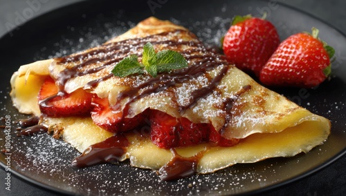 Crepe filled with strawberries, chocolate sauce and mint, on black plate