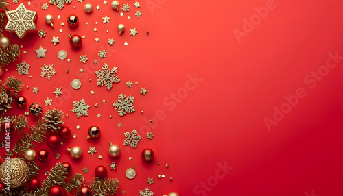 Elegant Christmas holiday background with golden ornaments, snowflakes, and fir branches