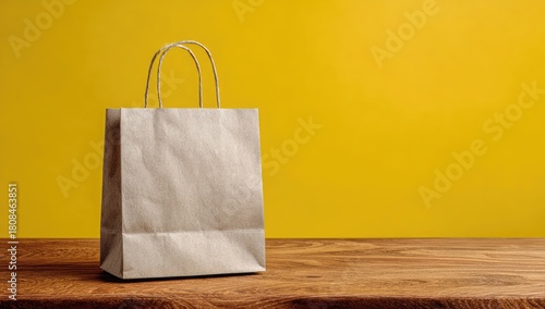 Simple brown paper bag with handles on wooden table, yellow backdrop