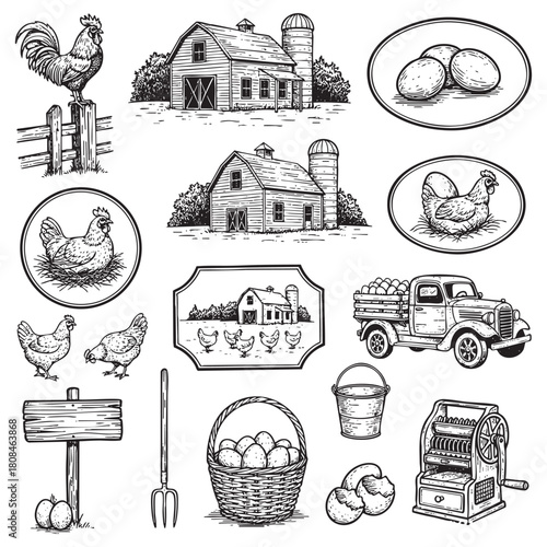 Vintage Farm and Poultry Elements Set Engraving Vector Illustration