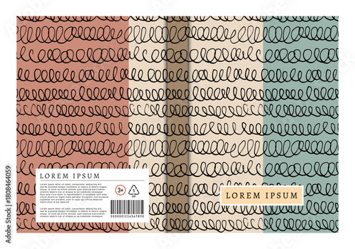 Cover template for book, planner and notebook. Graphic design pattern of black spiral lines against background of vertical stripes of pastel colors. Text fields with name and description packaging.