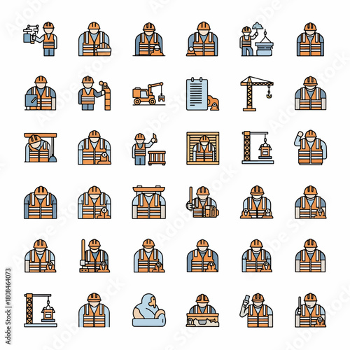 Construction Worker Icon Set Diverse Professional Builders at Work with Tools and Equipment on a White Background