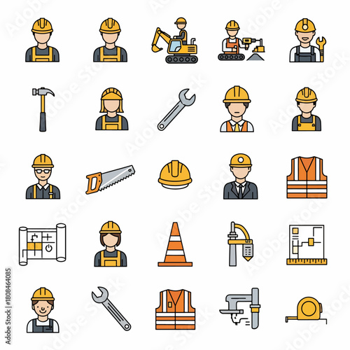 Construction worker icons and symbols representing industry professionals, tools, safety equipment, and blueprints for building projects