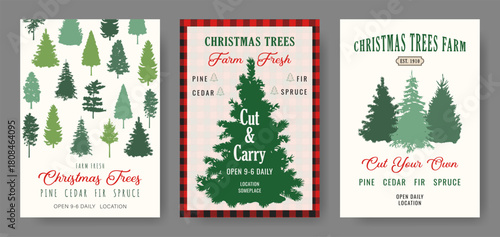 Posters templates Christmas tree farms.
Spruce tree silhouettes. Red and black buffalo plaid pattern. Rustic aesthetic. Layout vector for seasonal decoration, signage and promotional materials.