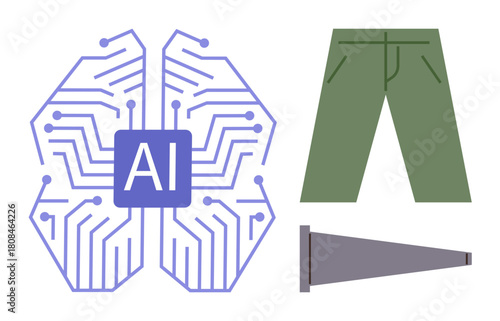 AI chip with circuits, green pants, and gray megaphone suggesting creativity, modernity, and outreach. Ideal for AI, fashion, communication, innovation marketing technology simple flat metaphor