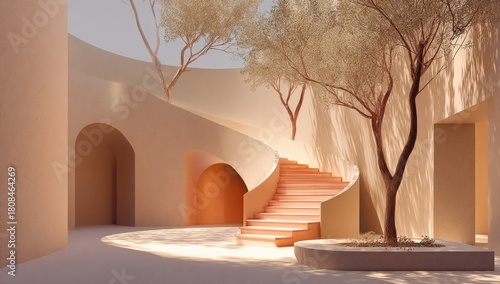 Curved staircase courtyard with trees, minimalist, sunlit and modern