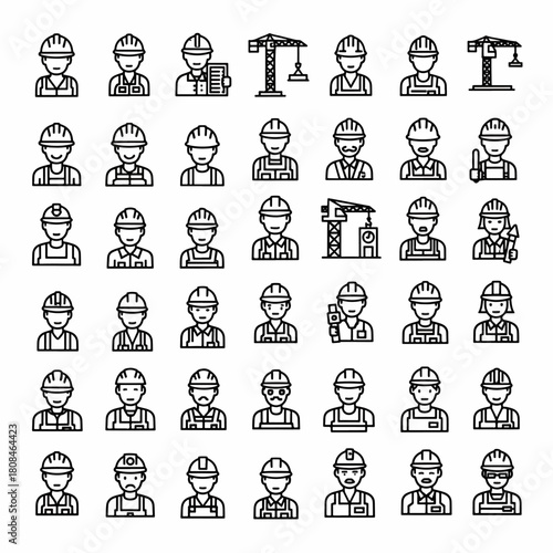 Construction workers diverse set of icons representing builders engineers and laborers in safety helmets on white background