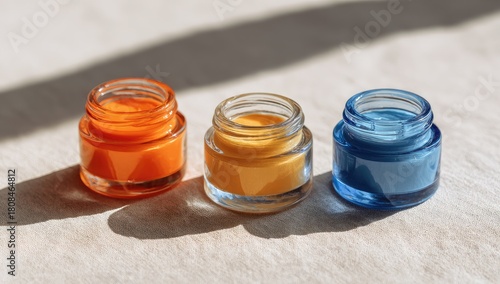 Three glass jars, orange, yellow, blue paint, sunlit wood