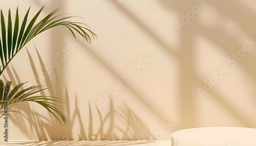 Minimalist podium with palm leaf shadow on beige wall, natural tropical display background