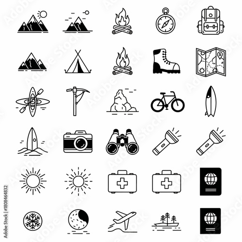 Diverse collection of outdoor adventure and travel icons, symbolizing mountains, camping, hiking, and exploration activities