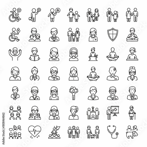 Diverse collection of outline icons representing people, families, healthcare professionals, and community, symbolizing life and relationships