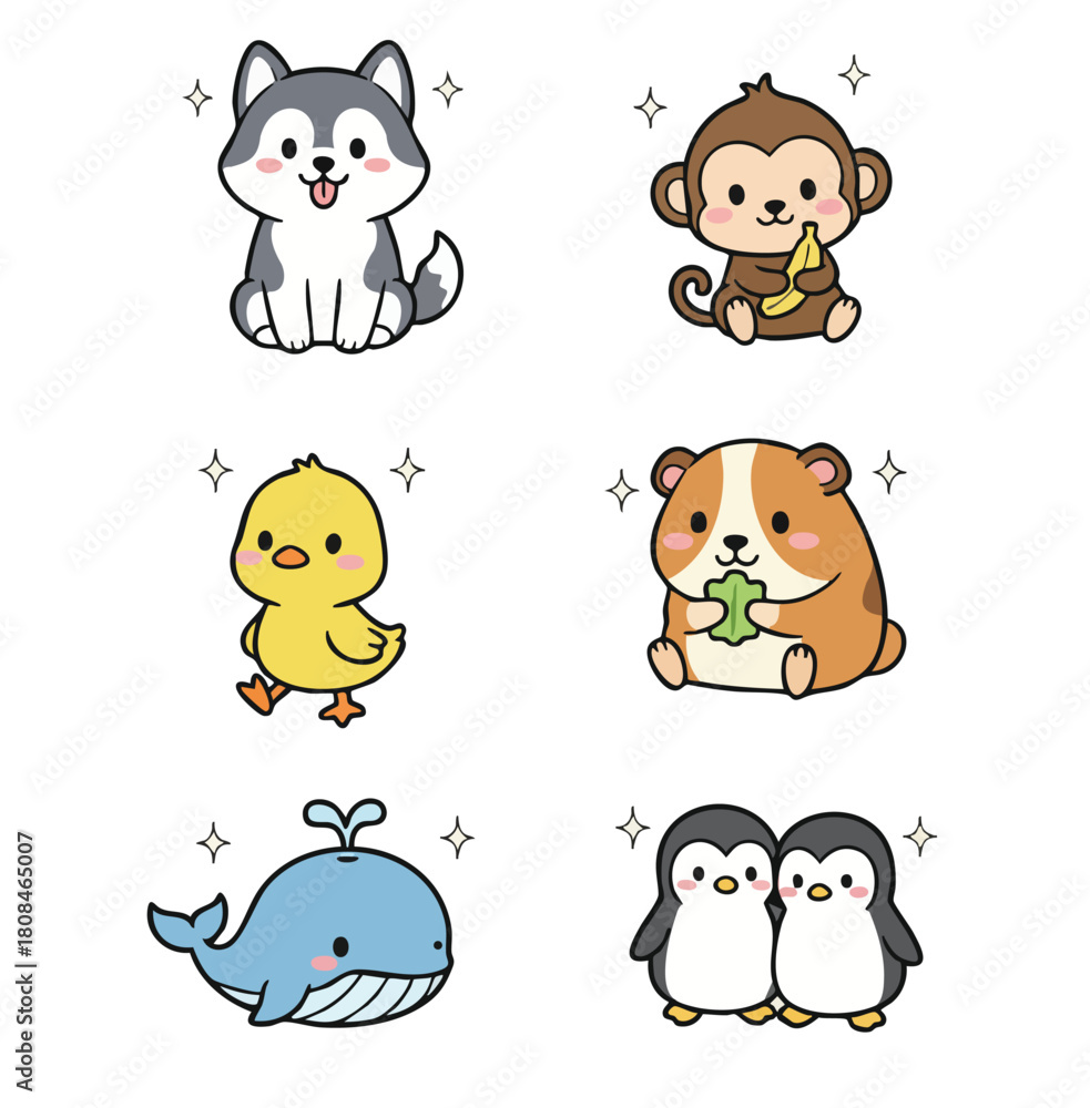 Obraz premium cute and kawaii animals icon illustration set of dog, duckling, hamster, monkey, penguin, and whale