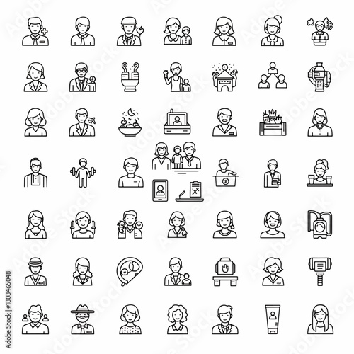 Diverse Collection of People Icons Representing Various Professions and Activities for Modern Graphic Design