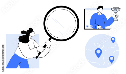Woman holding magnifying glass, man with trophy in video call, and global map with location markers. Ideal for teamwork, analysis, achievement, remote work, global business, exploration targeting