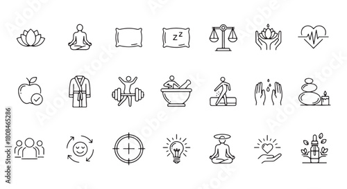 Set of wellness and healthcare icons simple line vector symbols for spa and meditation isolated on w