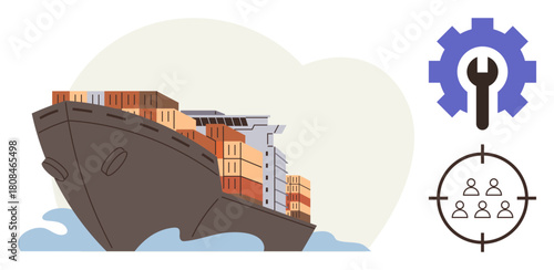Large cargo ship carrying containers on ocean, accompanied by gear with wrench and team target icons. Ideal for logistics, maritime trade, teamwork, industry, planning, solutions, and global