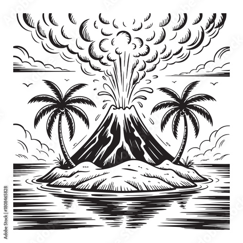 Black and white illustration of a volcanic island erupting with palm trees and clouds