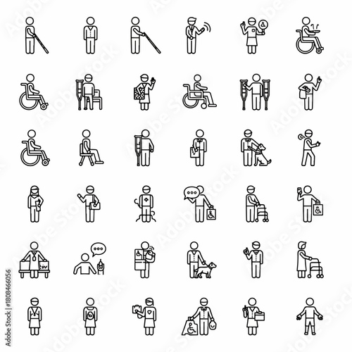 Diverse group of people icons showing various abilities and disabilities with assistive devices and support symbols