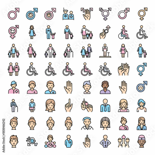 Diverse human diversity icons set gender symbols family figures people with disabilities and medical healthcare symbols