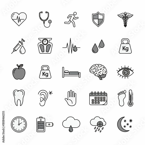 Diverse medical and healthcare icons set, featuring heartbeat, stethoscope, syringe, brain, eye, tooth, and more symbols for health and wellness