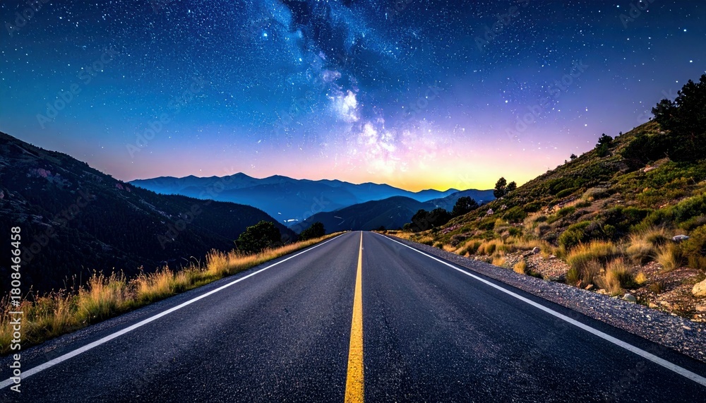 Fototapeta premium An empty asphalt road with a yellow center line and white edge lines leads through a mountainous landscape under a vibrant night sky filled with stars and the M