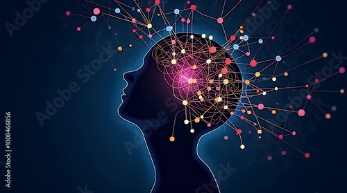 A premium vector illustration showing a human head silhouette with branching pathways inside, representing complex decision making. Colorful neural routes, intersecting nodes, glowing choices, flow