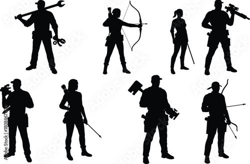 “Silhouettes of armed survivors and hunters holding weapons, tools, and gear in various standing action poses