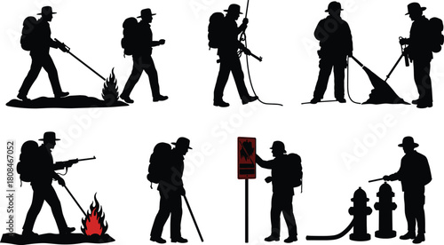 “Silhouettes of firefighters performing various tasks with tools and equipment, emergency response workers handling fire, safety gear, hoses and extinguishing operations on white background”