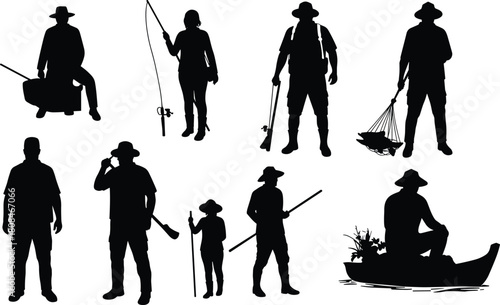 “Silhouettes of fishermen with fishing rods, caught fish, gear and boats in various standing, walking and sitting poses on white background”
