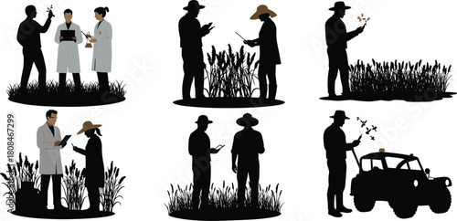 Agricultural scientist and farmer silhouette set, crop research illustration, modern smart farming technology with drone, digital agriculture field vector design