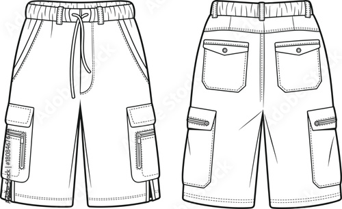 Men's cargo shorts with drawstring and zipper pockets technical fashion illustration, front and back view, vector CAD drawing.