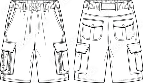 Men's cargo shorts with zipper pockets and drawstring waist technical fashion illustration, front and back view, vector CAD drawing.