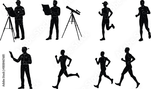 Collection of diverse human silhouette activities including running, jogging, reading, and observing with telescope, isolated black vector figures on white background