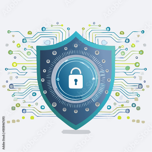 Cybersecurity shield defending against digital threats. Data privacy is protected by a secure padlock, ensuring network safety and information security with encryption technology. Safeguard your data.
