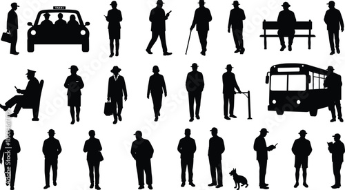 Collection of urban people silhouettes showing daily commuting, walking, waiting, sitting, and traveling scenes for public transportation and city lifestyle illustration projects