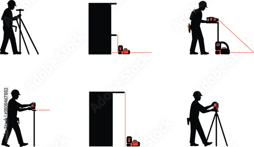 Construction worker using laser level tool on tripod and wall surfaces for precision measurement, alignment, survey equipment, building site safety