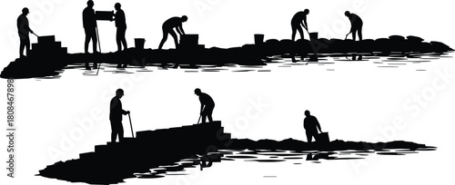 Construction workers building river embankment, manual laborers working with sandbags and bricks near water, teamwork, infrastructure development, rural engineering concept