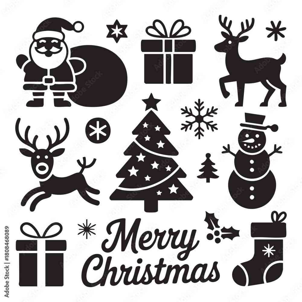 Fototapeta premium Black Christmas Icons Santa Claus Reindeer Snowman Christmas Tree Gifts Stocking vector