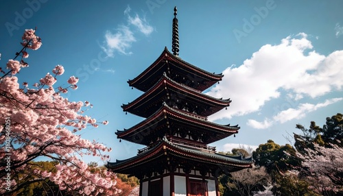 Wallpaper Mural A traditional five-story Japanese pagoda stands tall amidst a vibrant display of pink cherry blossoms, with a clear blue sky and fluffy white clouds above. Torontodigital.ca