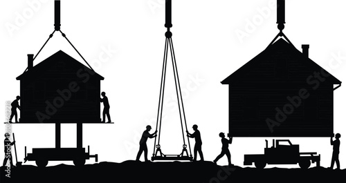 Construction workers lifting and moving house with crane, professional building relocation and transportation process, teamwork and heavy machinery operation on construction site