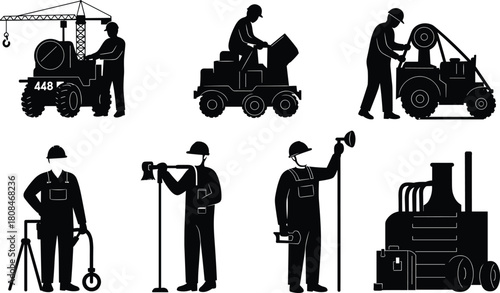 Construction workers operating heavy machinery and surveying equipment, industrial site operation, engineering maintenance, infrastructure development, vehicle inspection