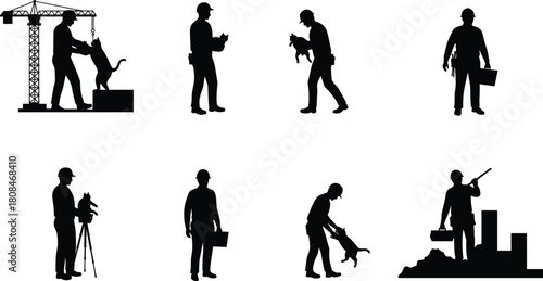 Construction workers rescuing cats on building site, teamwork and animal care concept, safety and compassion illustration, worker helping animal rescue scene