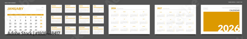 2026 Calendar Planner Set of Template grid Monthly Page, Cover with Place for Photo, Company Logo, Annual 2026, 2027. Vector layout of wall or desk organizer ready print. Week start Monday. Pages A4