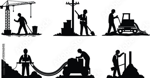 Construction workers operating heavy machinery, digging, laying cables, and performing ground work at industrial site with teamwork and safety equipment