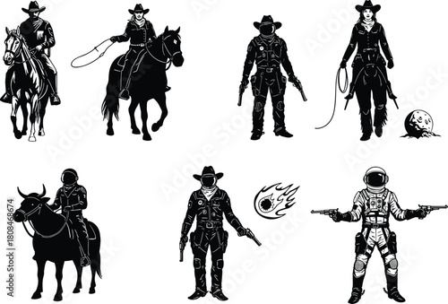 Cowboy and space ranger silhouette set, western astronaut illustration, horse riding cowboys with guns, futuristic space cowgirl vector art design
