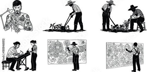 Creative black and white illustration of tattooed artists and farmers working, combining agriculture and art, unique lifestyle and creativity concept