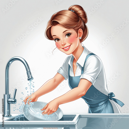 cartoon animation of woman washing dishes