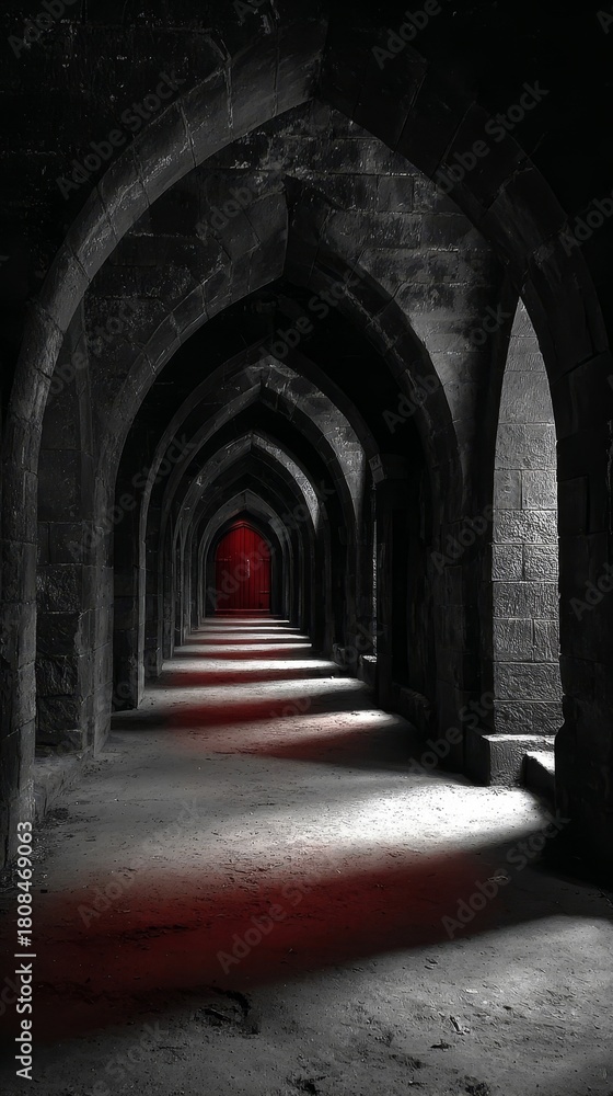 Naklejka premium Mysterious arched corridor with moody lighting and a hint of red, creating an eerie atmosphere