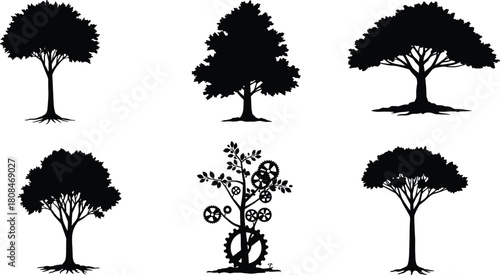 Creative collection of tree silhouettes including mechanical gear tree concept blending nature and technology, symbolizing eco innovation and futuristic sustainability